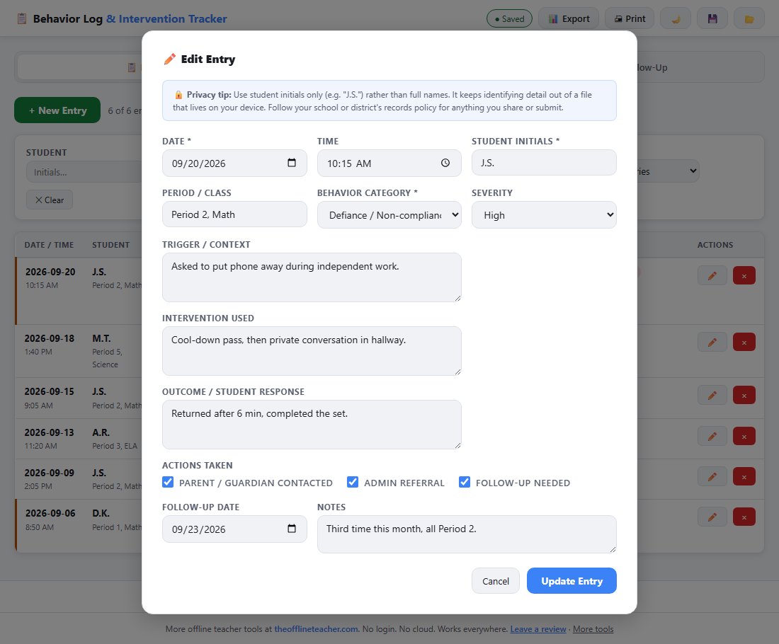 An incident entry form with date, time, student initials, period, category, severity, trigger, intervention used, outcome, and checkboxes for parent contact, admin referral and follow-up.