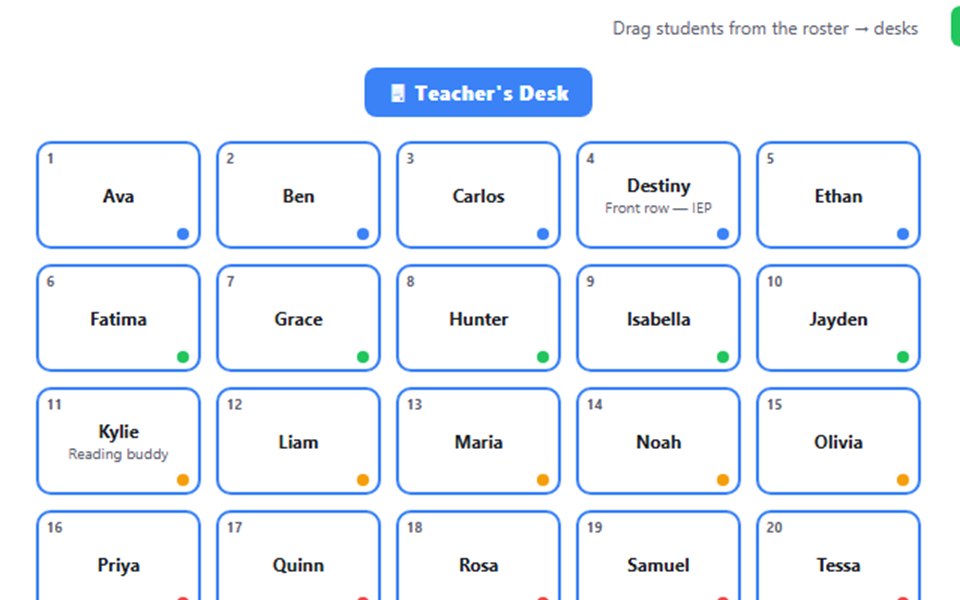 Seating Chart Maker: a room of 20 desks with student names, arranged in rows