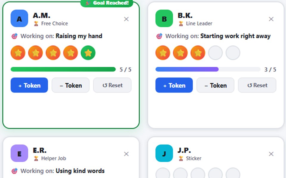 Token Board: student cards filling with star tokens toward each reward