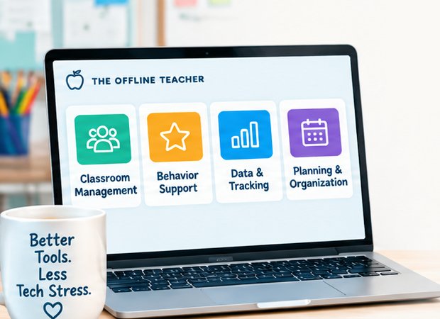 A laptop showing The Offline Teacher's four kinds of classroom tools